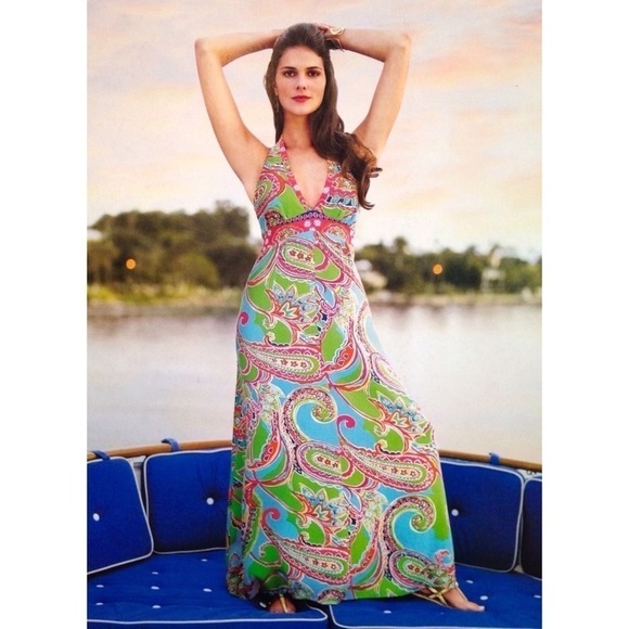 Lilly Pulitzer Dress Chellis Halter Paisley Maxi Summer Jewel Of The Pool 2 GUC - Picture 1 of 7